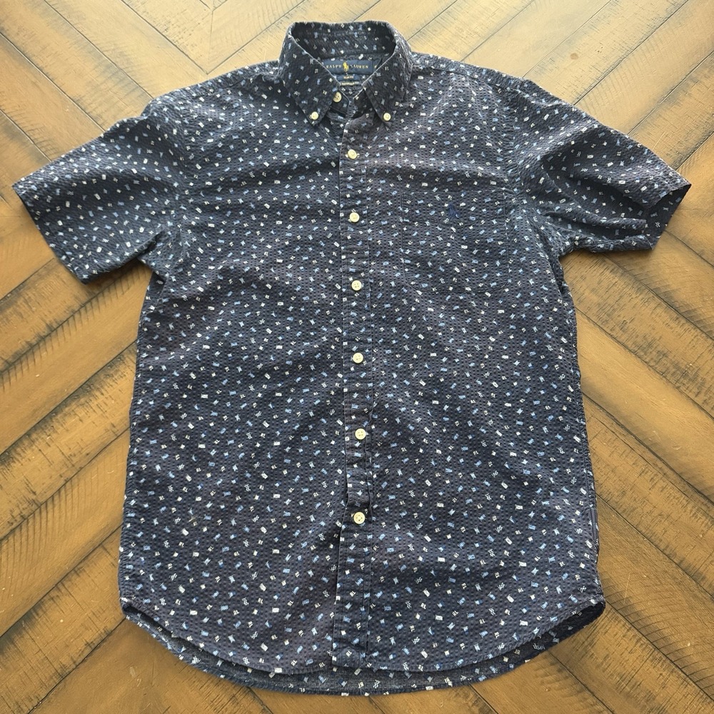 Polo Ralph Lauren Slim Fit RL Untucked SEERSUCKER Flag Pony Shirt Blue Sz M
